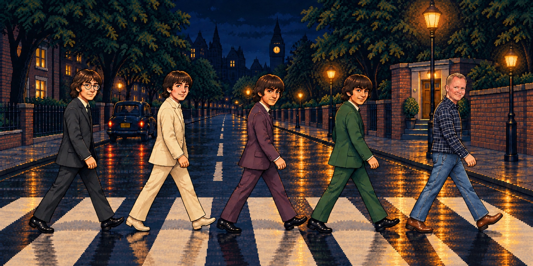 Björn går längst fram med fyra Beatles-inspirerade figurer bakom sig över ett övergångsställe på en kvällsupplyst Londongata.